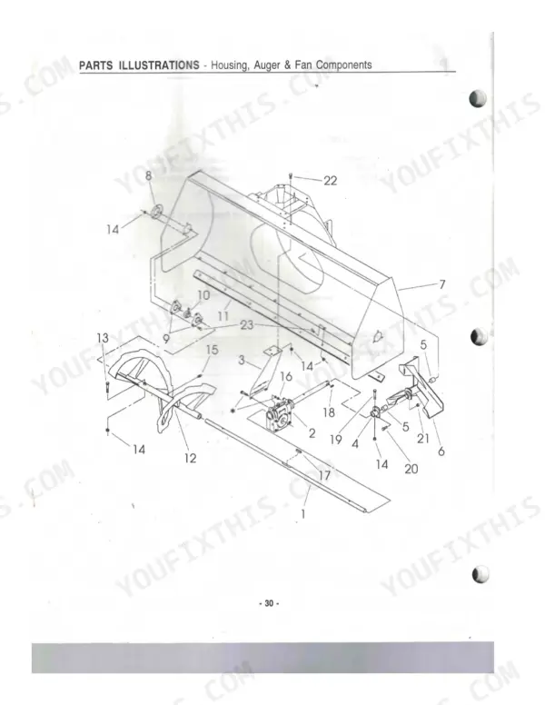 Kubota B2650, B2660 parts illustration exploded view housing auger fan components numbered diagram