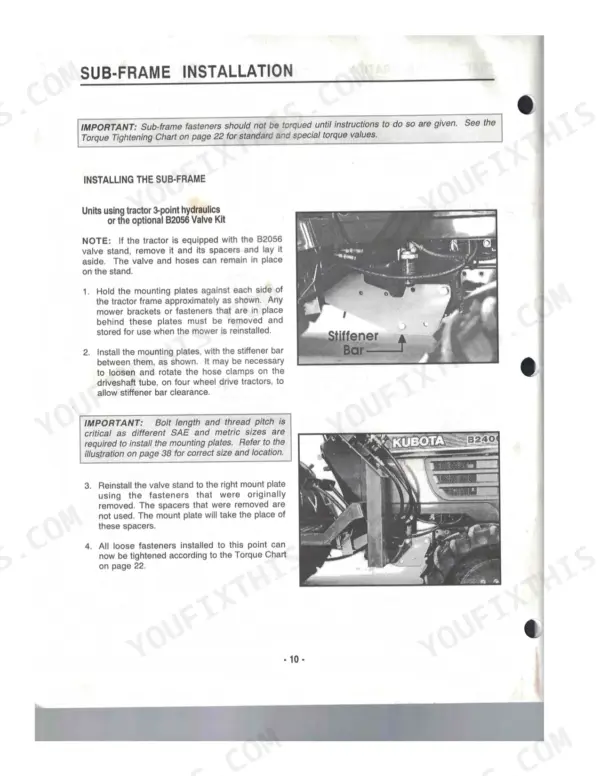 Kubota B2650, B2660 sub-frame installation procedure with mounting plates, stiffener bar, and hydraulic valve kit assembly steps