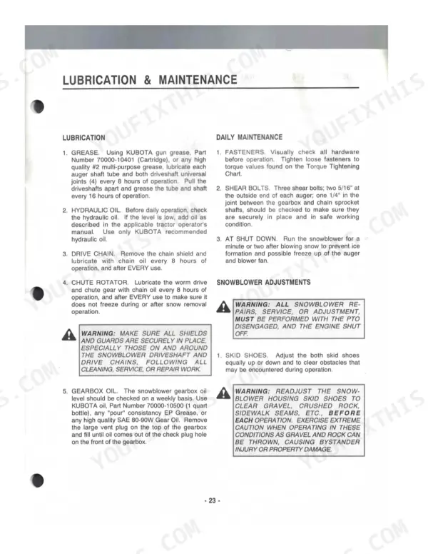 Kubota B2650, B2660 lubrication and maintenance procedures including grease, hydraulic oil, drive chain, chute rotor, gearbox oil, and daily maintenance tasks