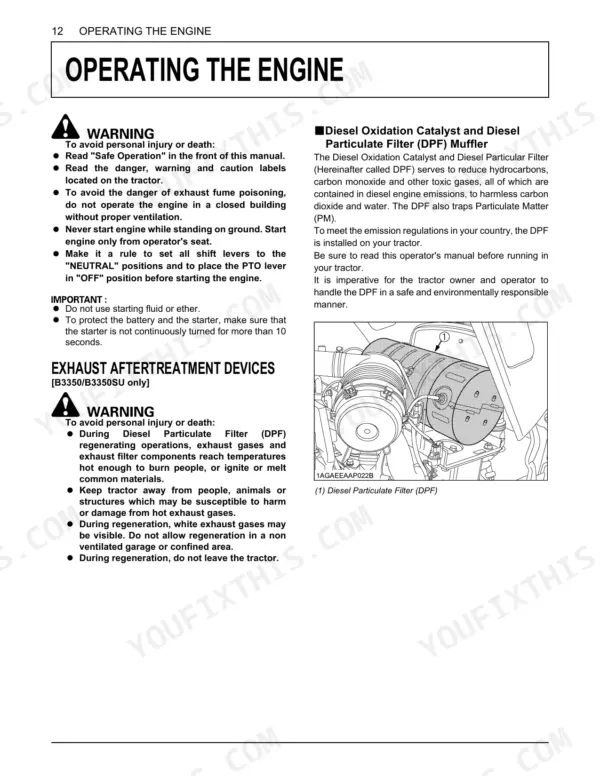 Kubota B3350 B3350SU operating engine procedures with DPF muffler diagram and exhaust aftertreatment safety warnings