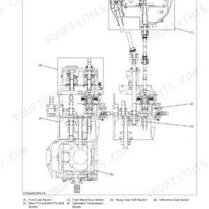 Kubota B2650HSDC B3350HSDC transmission structure exploded diagram showing front case, PTO shift, wheel drive, hydrostatic, range gear, and differential sections