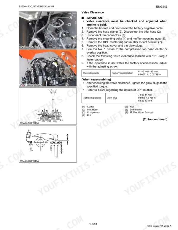 Kubota B2650HSDC, B3350HSDC valve clearance adjustment procedure with engine photos, cylinder head diagram, and torque specifications
