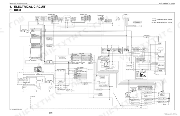 Kubota B2650HSDC, B3350HSDC electrical circuit wiring diagram showing battery, alternator, switches, relays, and control systems