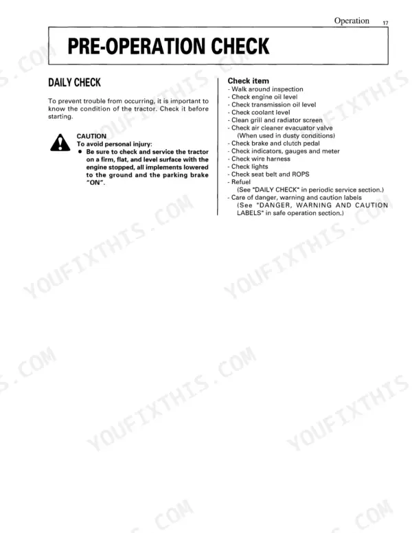 Kubota B2710, B2910, B7800 pre-operation check daily inspection checklist with safety caution and maintenance items