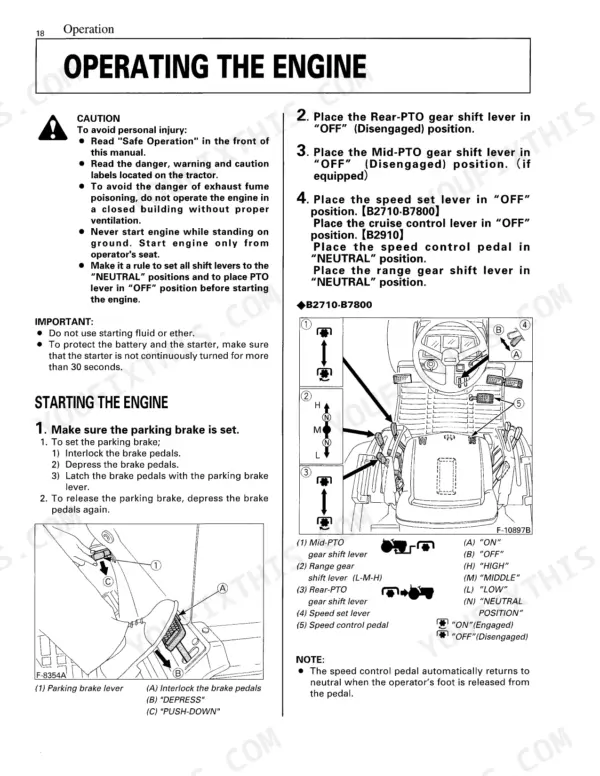 Kubota B2710 B2910 B7800 operating engine procedures with parking brake lever diagram and gear shift lever positions