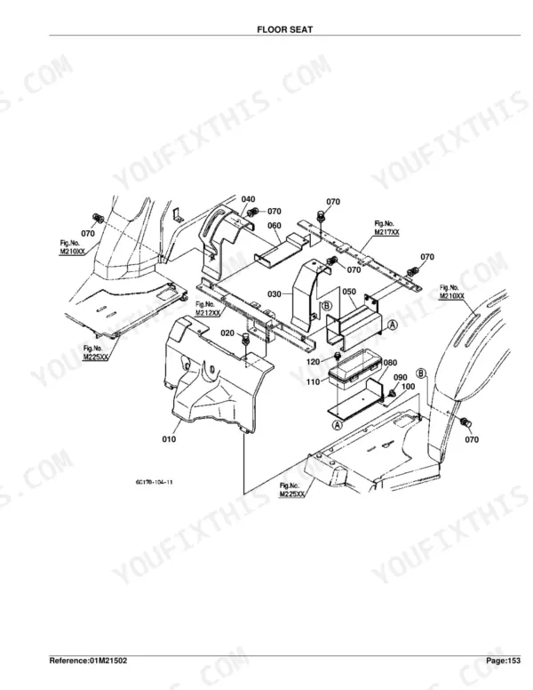 Kubota B2910HSD floor seat exploded view diagram with numbered component parts and figure references