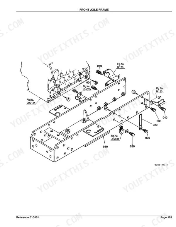 Kubota B2910HSD front axle frame exploded view diagram with numbered component parts and assembly references