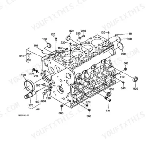 Kubota B2910HSD crankcase exploded view diagram with numbered component parts and assembly references