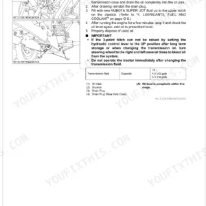 Kubota B3000-AUS transmission fluid change procedure with labeled diagrams showing drain plug, dipstick, oil inlet locations and capacity table