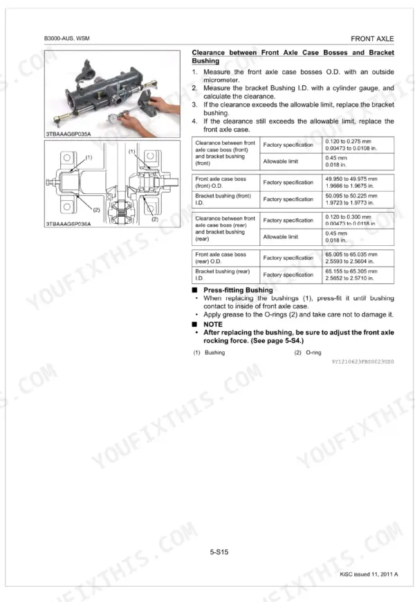 Kubota B3000-AUS front axle case boss and bracket bushing clearance measurement procedure with specifications table and diagrams