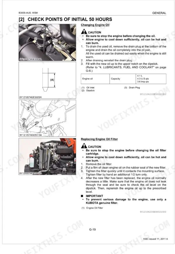 Kubota B3000-AUS initial 50-hour check points: engine oil change and filter replacement procedures with diagrams and capacity specifications