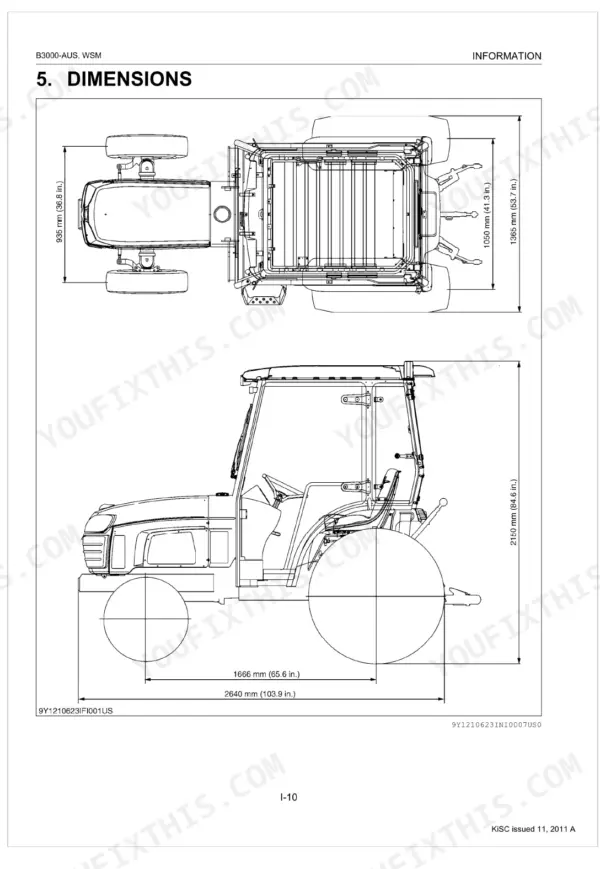 Kubota B3000-AUS dimensions diagram showing top and side views with measurements in mm and inches