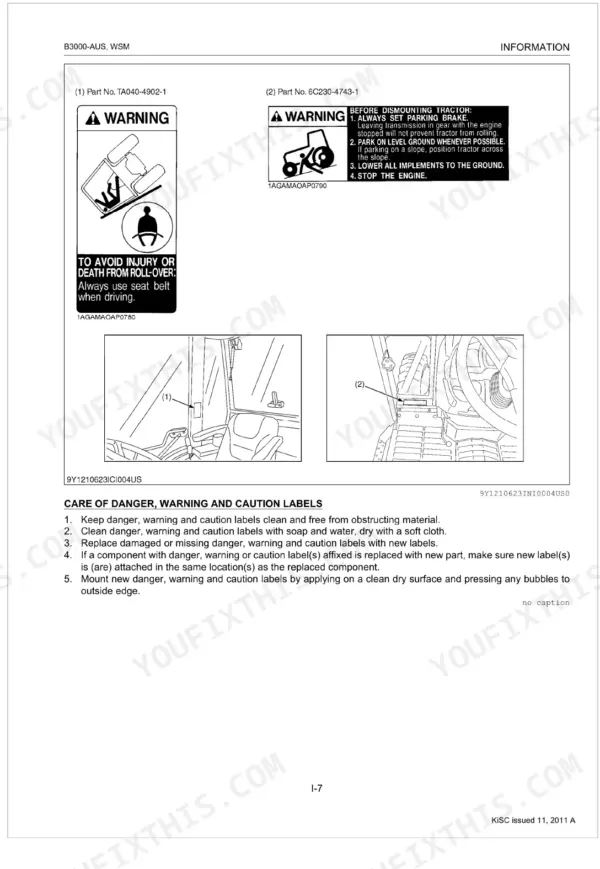Kubota B3000-AUS safety warning labels for seat belt use, parking brake, and implement lowering with label placement diagrams