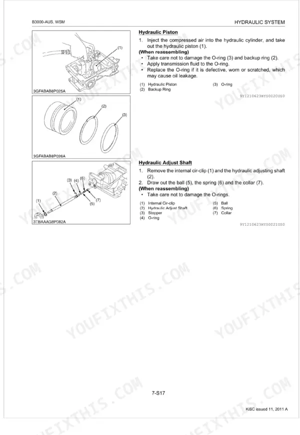 Kubota B3000-AUS hydraulic piston and adjust shaft exploded view diagrams with O-ring and backup ring components