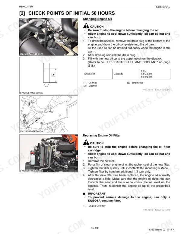 Kubota B3000 initial 50-hour maintenance procedures: engine oil change and oil filter replacement with diagrams and capacity specifications