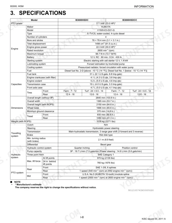 Kubota B3000 specifications table covering engine, capacities, dimensions, weight, traveling system, hydraulic system, and PTO system details