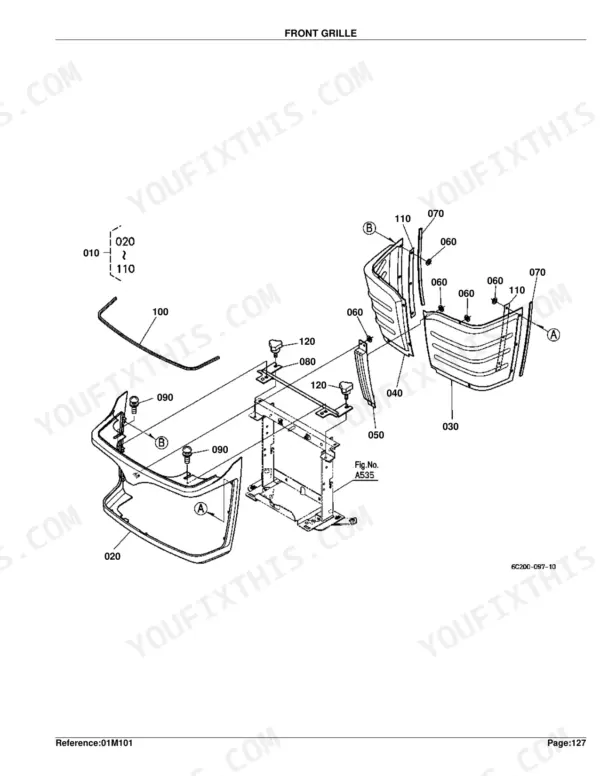 Kubota B3030HSD front grille exploded view diagram with numbered component parts and assembly reference A535