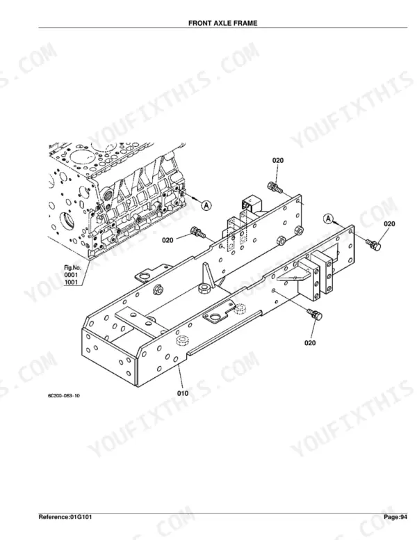 Kubota B3030HSD front axle frame exploded view diagram with numbered component parts and assembly details