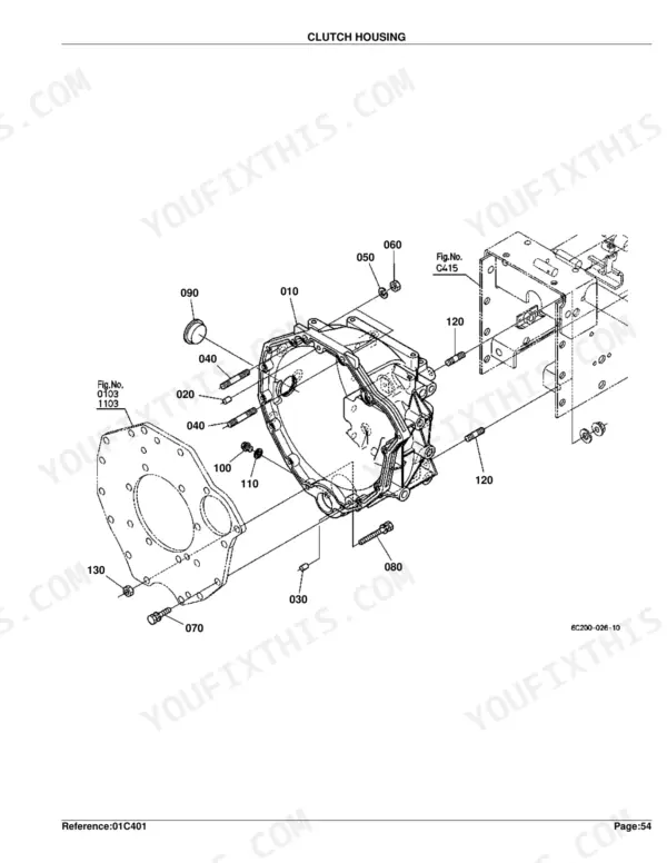 Kubota B3030HSD clutch housing exploded view diagram with numbered component parts and assembly references