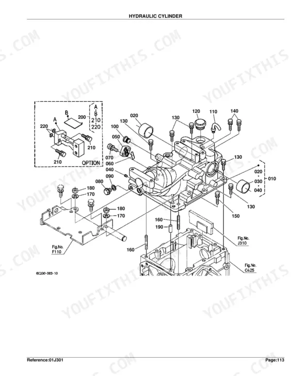 Kubota B3030HSD hydraulic cylinder exploded view diagram with numbered component parts and assembly details