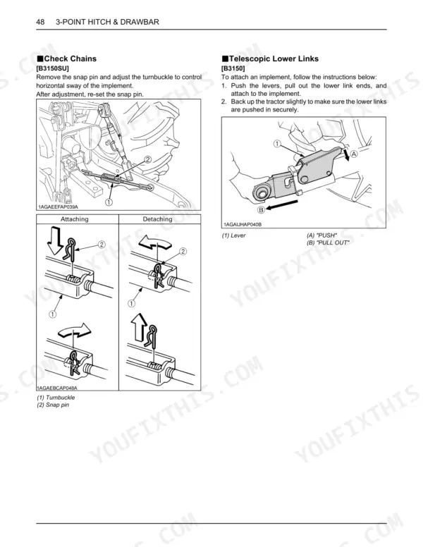 Kubota B3150, B3150SU 3-point hitch drawbar chain adjustment and telescopic lower links attachment procedures with diagrams