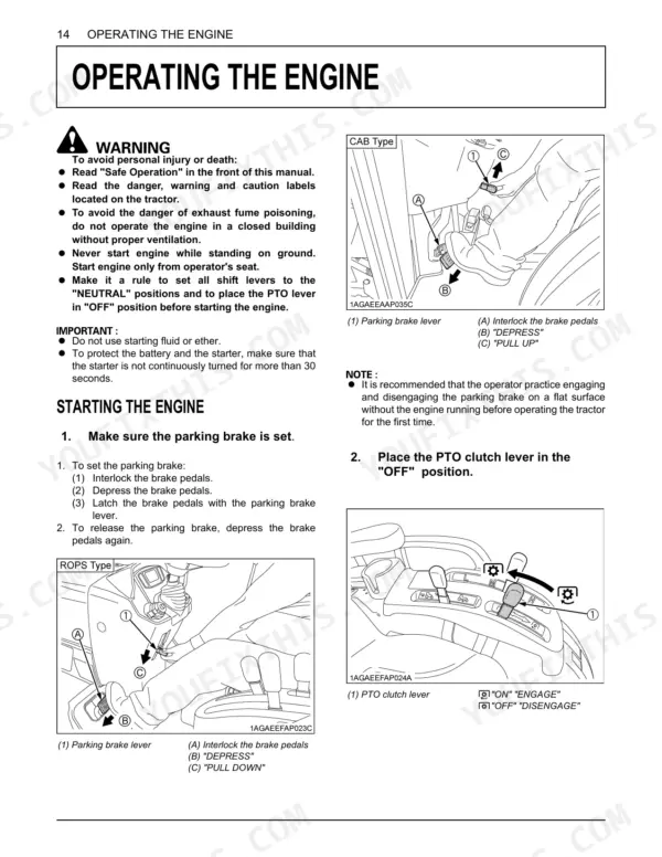 Kubota B3150 B3150SU operating engine procedures with parking brake lever and PTO clutch lever diagrams for CAB and ROPS types