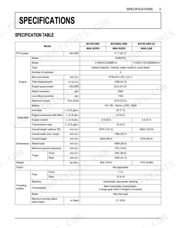 Kubota B3150 B3150SU specifications table with engine, capacity, dimension, weight, and traveling system data