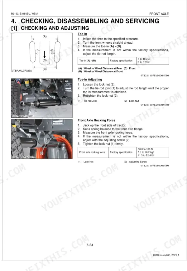 Kubota B3150, B3150SU front axle toe-in adjustment diagram, tie-rod joint procedure, and rocking force specifications