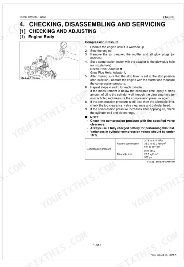 Kubota B3150, B3150SU engine compression pressure checking procedure with diagram, adapters, specifications table, and allowable limits