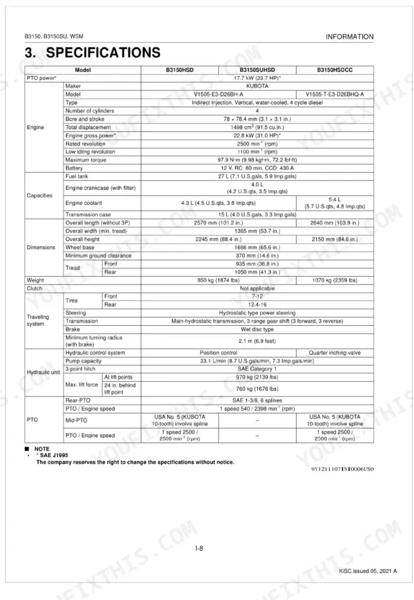 Kubota B3150, B3150SU specifications table: engine, capacities, dimensions, weight, traveling system, hydraulic unit, PTO details