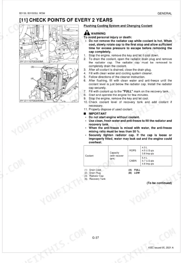 Kubota B3150, B3150SU cooling system flushing and coolant change procedure with radiator diagram and capacity specifications table