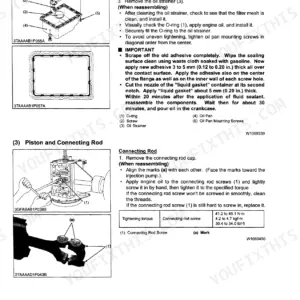 Kubota B3200HSD engine oil pan strainer removal exploded view and piston connecting rod assembly with torque specifications