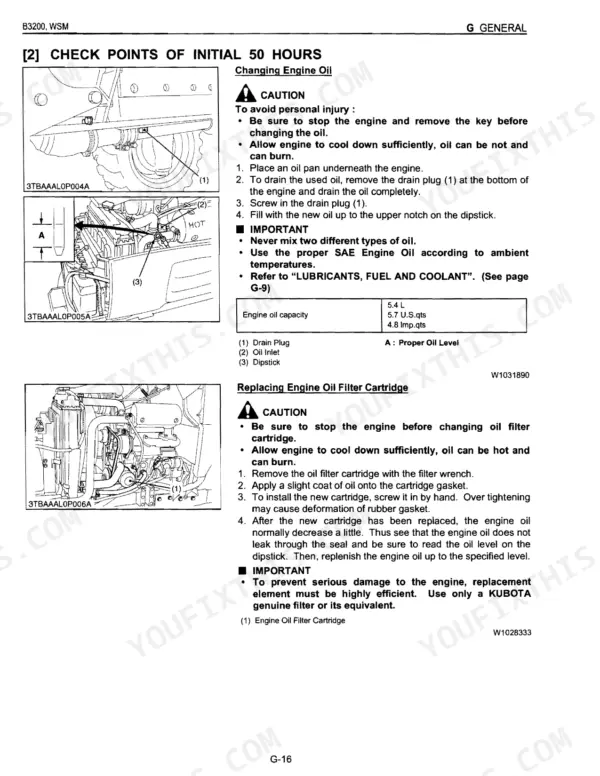 Kubota B3200HSD initial 50 hour maintenance: engine oil change and filter cartridge replacement procedures with diagrams