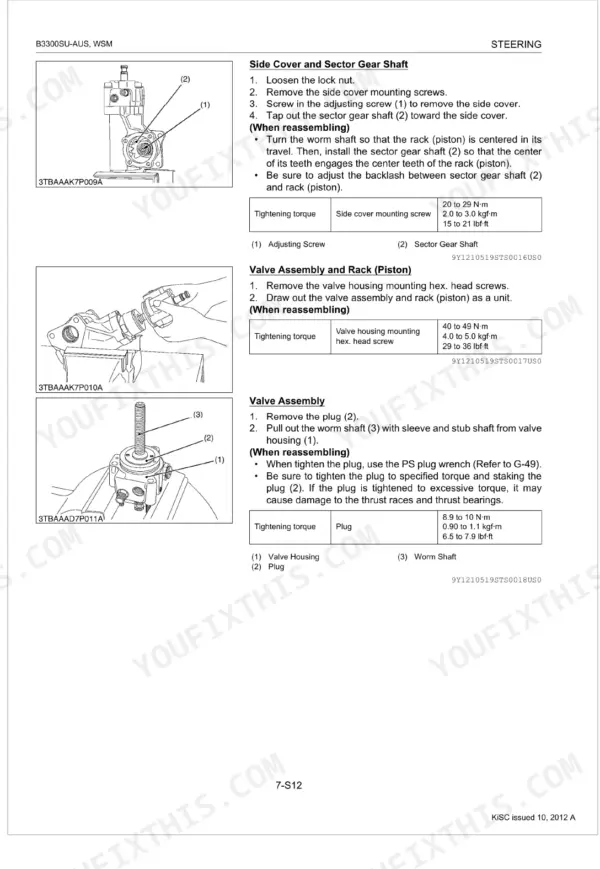 Kubota B3300SU-AUS steering system procedures: side cover and sector gear shaft removal, valve assembly and rack piston disassembly with torque specifications