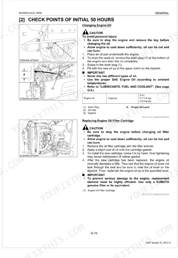 Kubota B3300SU-AUS initial 50 hours check points: engine oil change and filter cartridge replacement procedures with diagrams