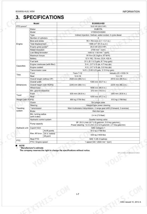 Kubota B3300SU-AUS specifications table covering engine, capacities, dimensions, traveling system, hydraulic unit, and PTO details