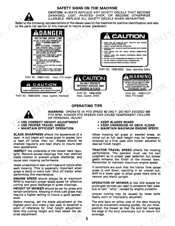 Kubota B3548 safety signs and operating tips for mower deck maintenance and PTO operation