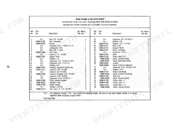 Kubota B3548 main frame and related parts list with reference numbers, descriptions, and quantities required per assembly