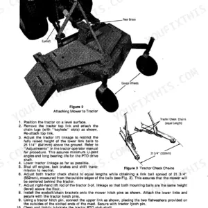 Kubota B3548 attaching mower to tractor procedures with labeled diagram showing mast assembly, rear brace, eyebolt, gauge wheels and tractor check chains adjustment steps