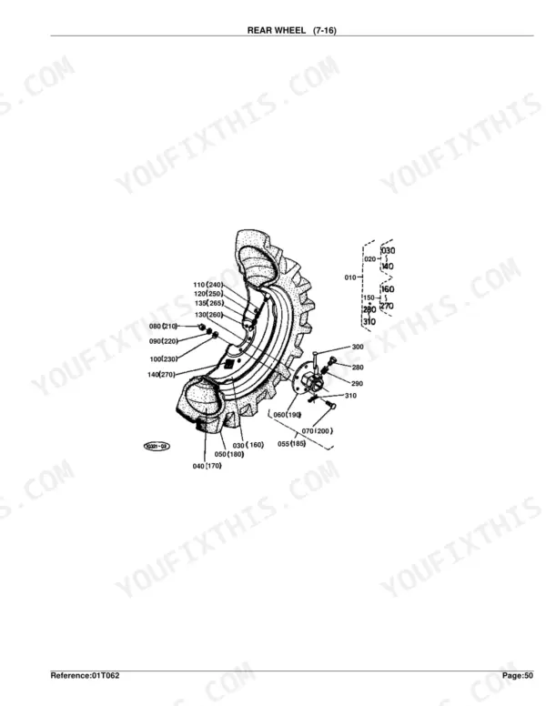 Kubota B4200D rear wheel exploded view diagram with numbered component parts and torque specifications