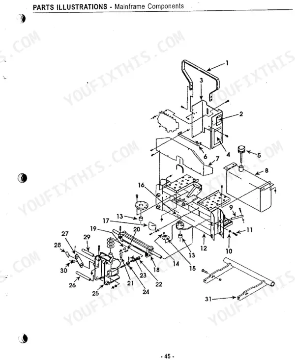 Kubota B4672A BL4690A mainframe components exploded view parts illustration with numbered callouts