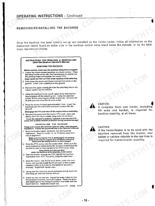 Kubota B4672A BL4690A backhoe removal reinstallation operating instructions procedures
