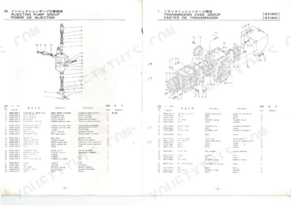 Kubota B5100D B5100E injection pump group and transmission case exploded view parts diagram with numbered components and parts list