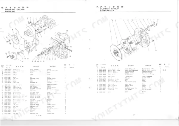 Kubota B5100D B5100E dynamo group and clutch group embrayaga exploded view parts diagram with numbered components and parts list