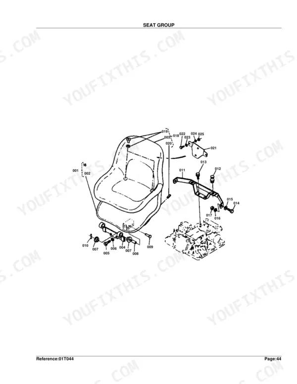 Kubota B5100D-P seat group exploded view diagram with numbered parts 001-025 showing seat assembly components and mounting hardware