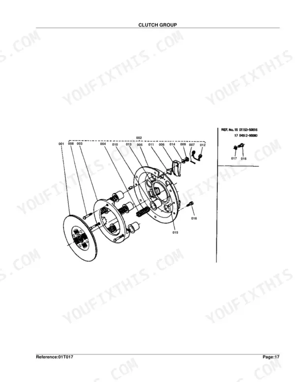 Kubota B5100D-P clutch group exploded view diagram with numbered parts 001-017 and reference number 01153-50816
