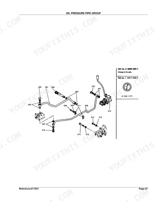 Kubota B5100D-P oil pressure pipe group exploded view diagram with numbered components and reference specifications