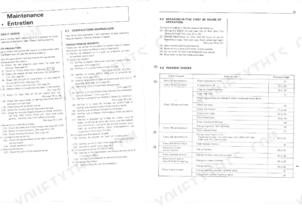 Kubota B5100D, B6100E, B7100D maintenance page showing daily checks, breaking-in procedures, and periodic service intervals table with reference pages