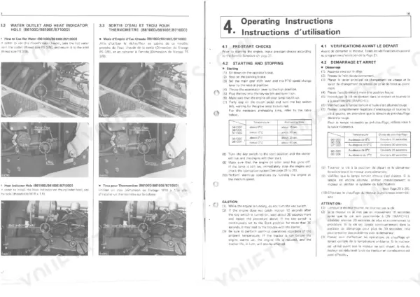 Kubota B5100D/B6100D/B7100D operating instructions with pre-start checks, starting/stopping procedures, and preheating time table