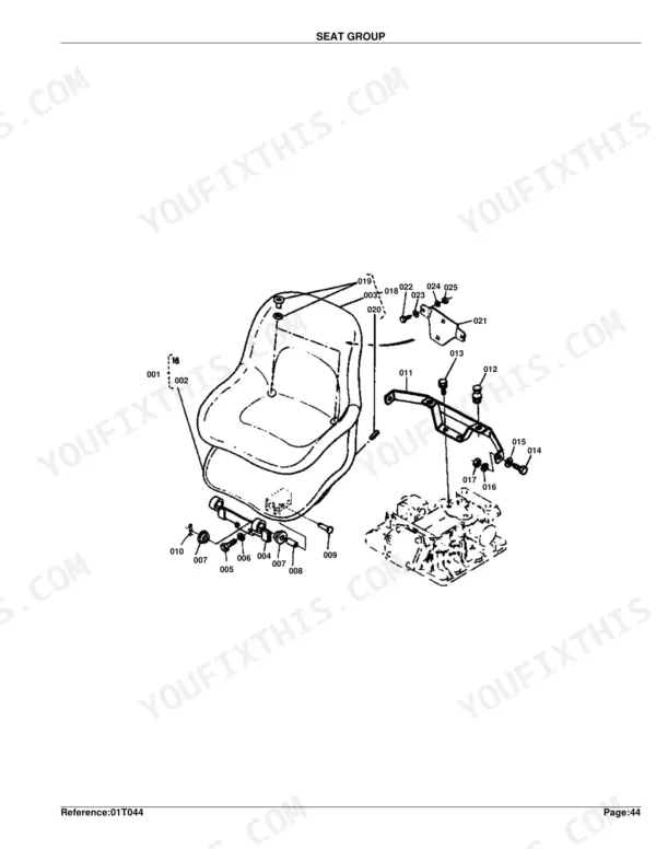 Kubota B5100E-P B5100E B5100D-P B5100E-PT seat group exploded view diagram with numbered component parts 001-025